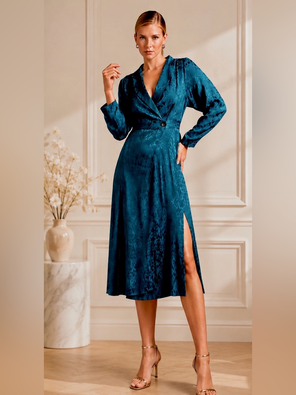ANTHROPOLOGIE Teal Jacquard Blazer
True Wrap Midi Dress size 10 Viscose